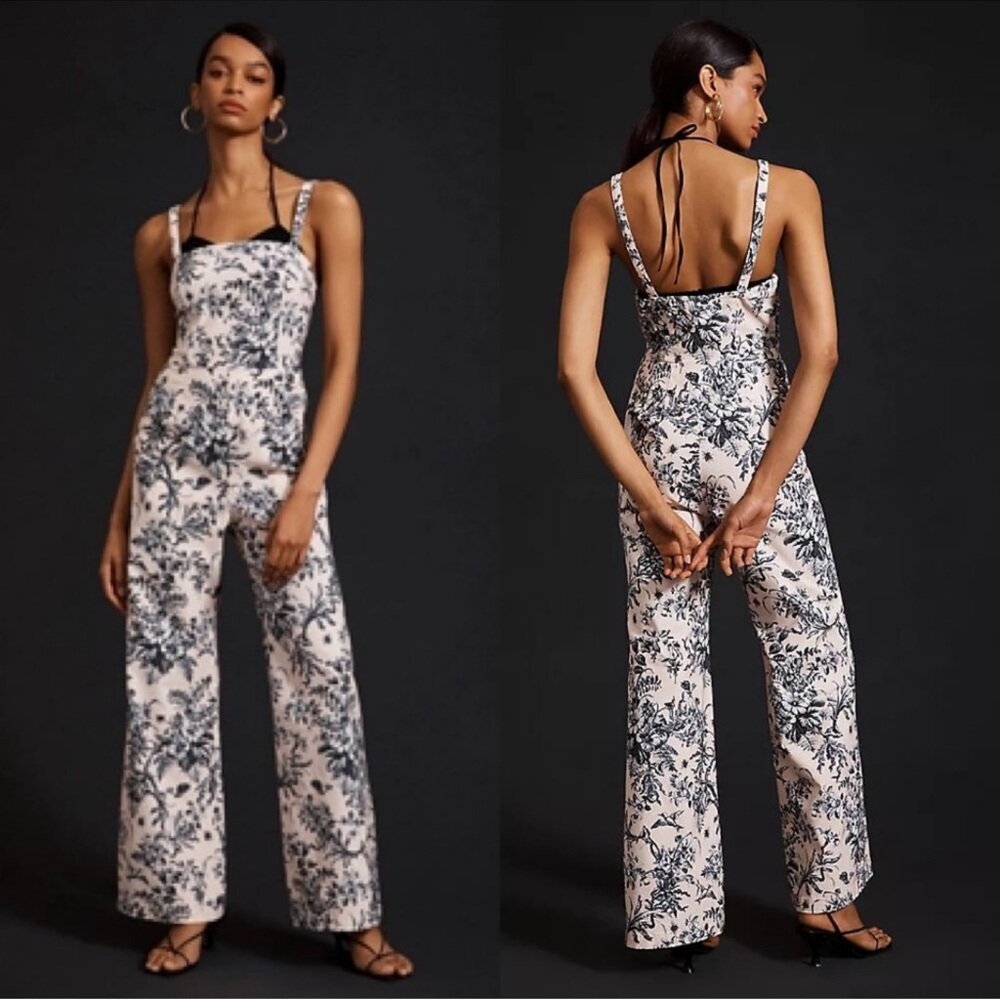 Maeve by Anthropology Navy Floral‎ Jumpsuit with pockets wide leg bottoms